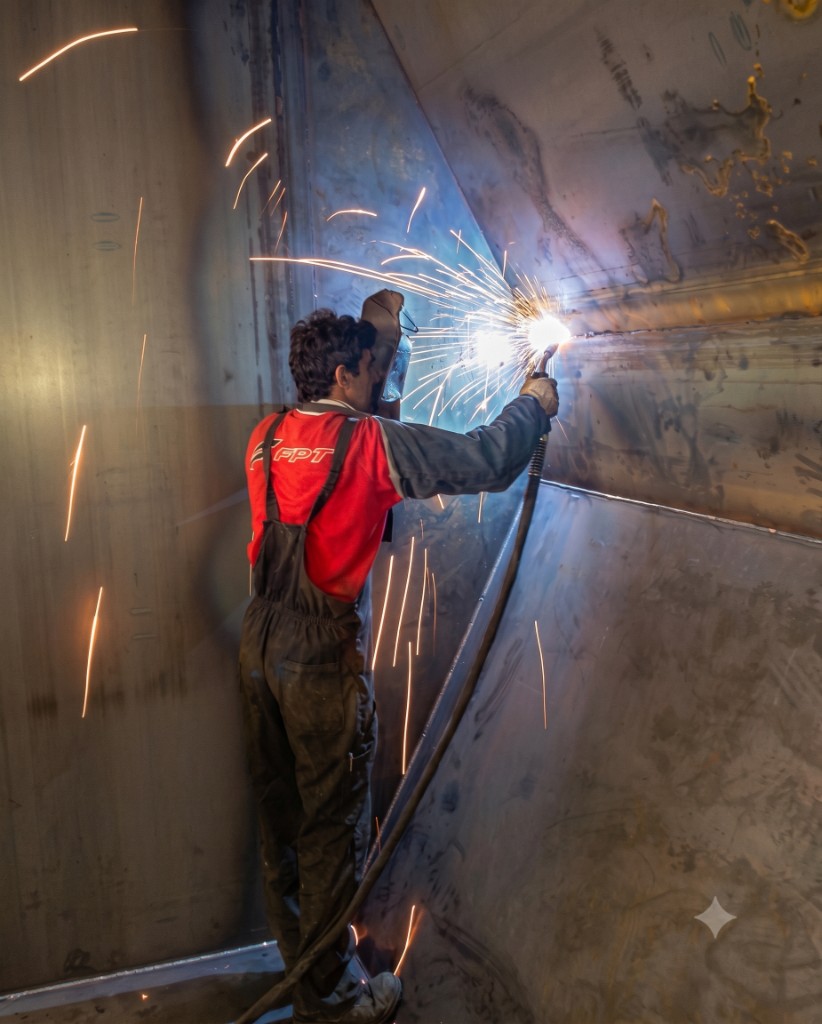 Saldatore professionale al lavoro con scintille — Professional welder at work with sparks
